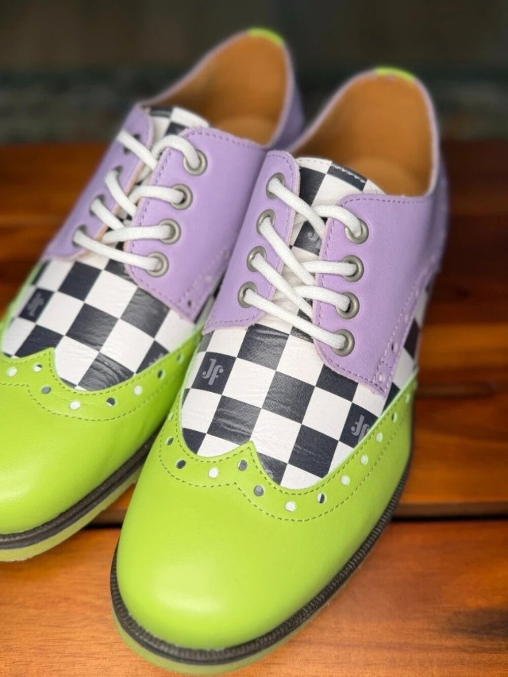 John Fluevog Lilac & Lime Checkerboard Saddle Shoes M7/W9